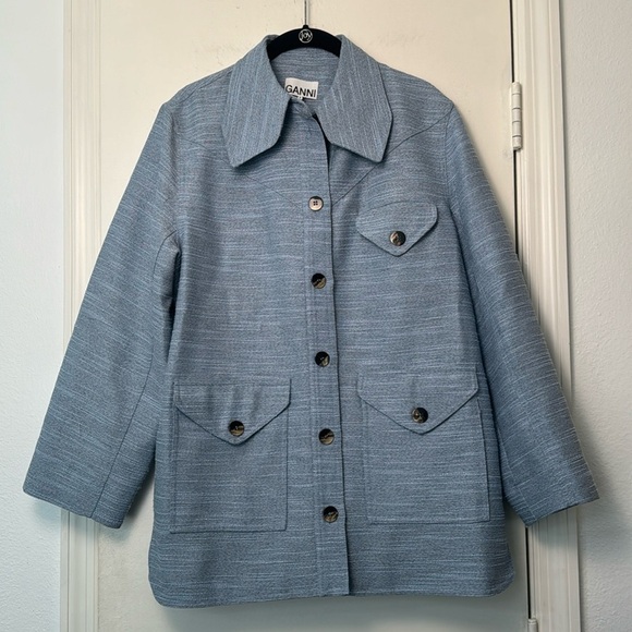 GANNI Blue Slub Recycled Polyester and Linen Blend Jacket Size 34EU - Picture 1 of 10